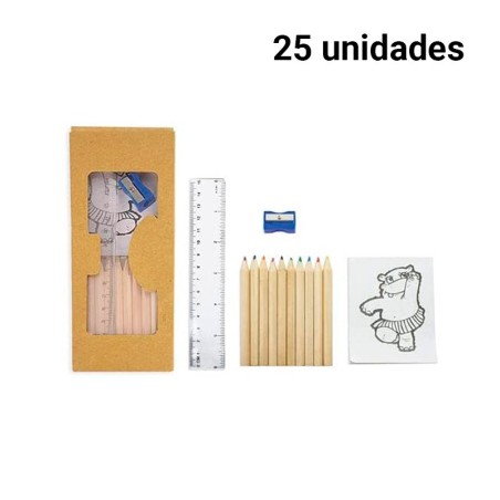 25 pack de 10 lápices, sacapuntas, reglas y bloc