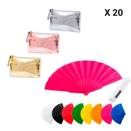 20  fans in a variety of colours and 20 metallic coin purses