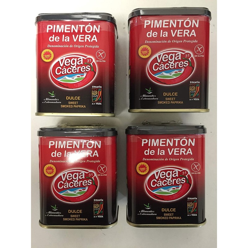 Pimentón ahumado de la Vera con tres sabores. Pack de 4 latas de pimentón de la Vera Ahumado, Agridulce, dulce y picante