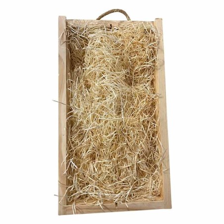 Boîte en bois pour 2 bouteilles remplie de copeaux de bois