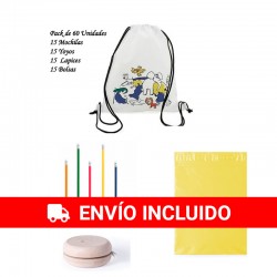 Original set de detalles para cumpleaños infantiles Mochilas para colorear + 15 lapices flexibles + yoyos de madera + bolsas