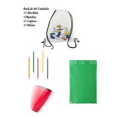 Pack 15 Mochilas infantiles +15 juegos rondux +15 set lapiz flexible