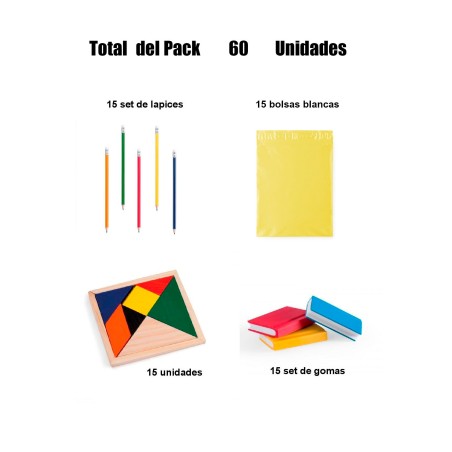 Children's gifts 15 pencils with erasers + 15 sets of erasers in the shape of a book + 15 puzzles ingenio