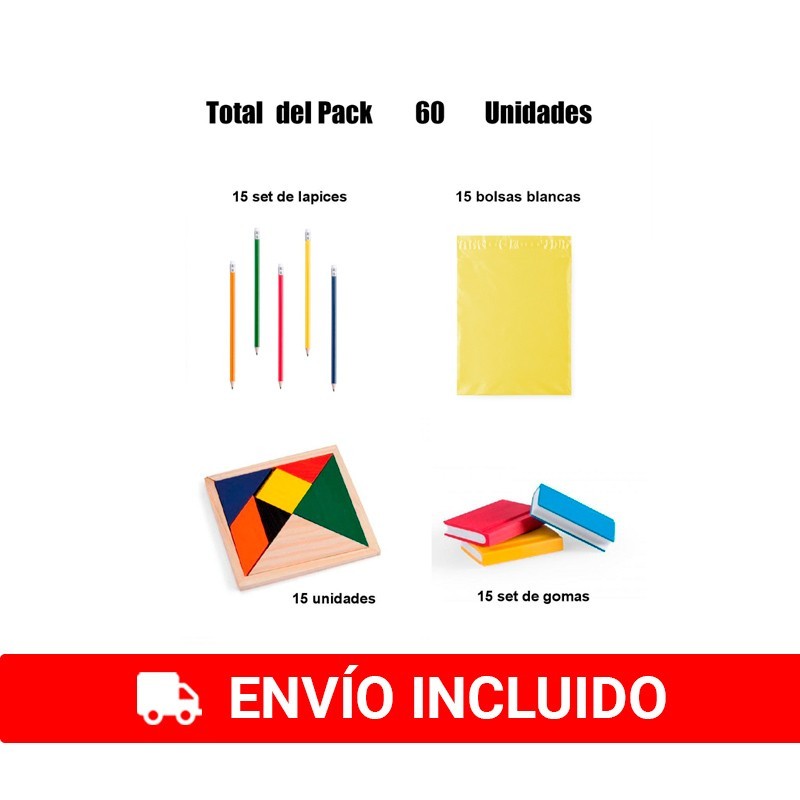 Detalles infantiles 15 lapices con goma + 15 set de gomas de borrar en forma de libro + 15 puzzles ingenio