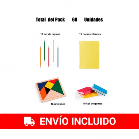 Children's gifts 15 pencils with erasers + 15 sets of erasers in the shape of a book + 15 puzzles ingenio