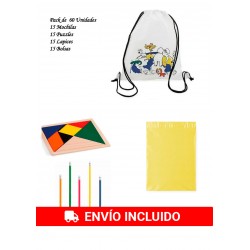 Pack 15 Mochilas + 15 Puzzles ingenio + 15 lápices con goma+ 15 bolsas para guardar regalos