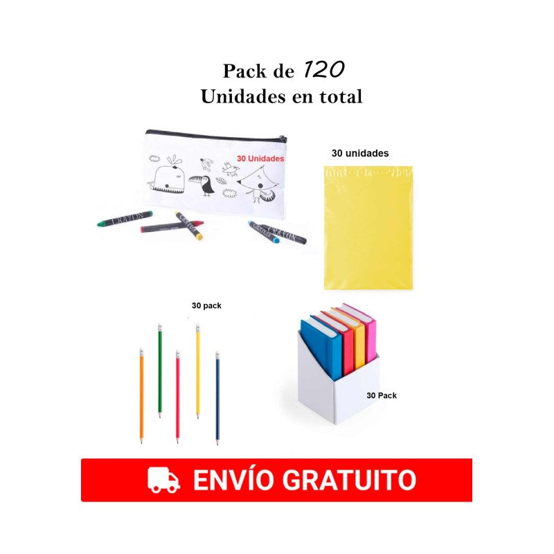 Pack 30 coloring cases + 30 flexible pencils + 30 set rubber bands