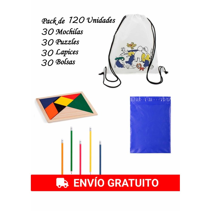 Pack 30 Mochilas + 30 Puzzles ingenio + 30 lapices + 30  bolsas para guardar regalos