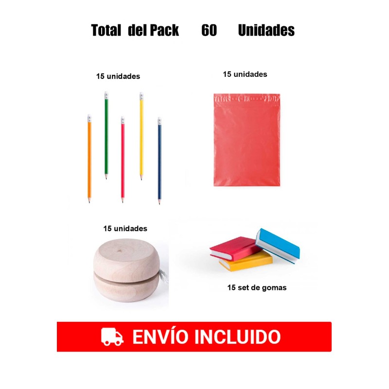 Pack of 15 pencils with eraser + 15 wooden yoyos + 15 set of flexible erasers to give as gifts