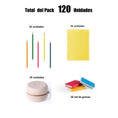 Pack of 30 pencils + 30 wooden yo-yos + 30 set of flexible erasers to give as a gift.