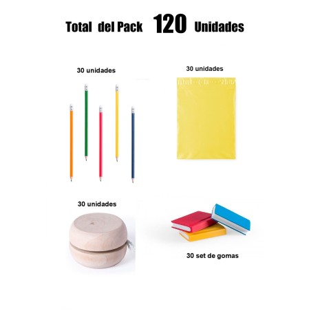 Pack de 30 crayons + 30 yo-yos en bois + 30 jeux de gommes souples à offrir en cadeau.