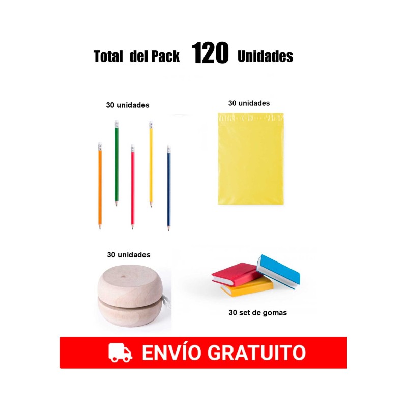 Pack de 30 crayons + 30 yo-yos en bois + 30 jeux de gommes souples à offrir en cadeau.