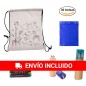 30 Mochilas para colorear, 30 pack ceras y 30 Estuches azul con sacapuntas y lápices + 30 Bolsas