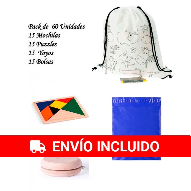 Pack 15 mochilas + 15 yoyos + 15 puzzles ingenio + 15 bolsas