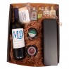 Christmas basket with wine, spirits, cheeses, and spreads