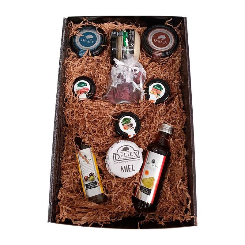 Estuche pequeño con miel, aceite, vinagre, mermeladas, bombones, crema queso y patés para regalos de empresa