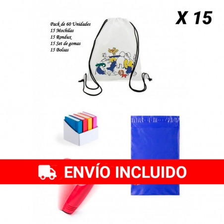 Pack regalos cumpleaños infantiles Mochilas para colorear + Juegos Rondux + Set gomas de borrar+ Bolsas