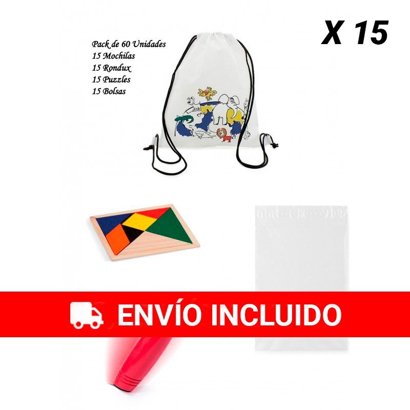 Fabuloso pack regalos cumpleaños infantiles Mochilas + juegos rondux + puzzles ingenio+bolsas para presentar los regalos