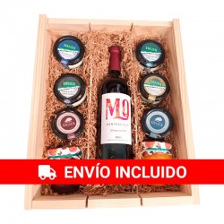 Grande boîte de Noël en bois avec vin Montequinto, fromage à la crème, diverses pâtés et confitures