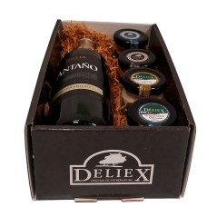 Cesta Gourmet Deliex con vino rioja antaño, dos patés y dos cremas de queso