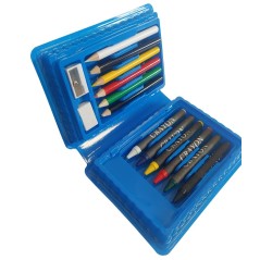 Cadeau pour enfants trousse bleue avec crayons de couleur et crayons à papier