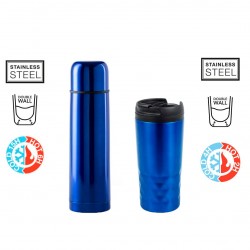 Tasse thermique bleue et pack thermos portable pour boire du café.
