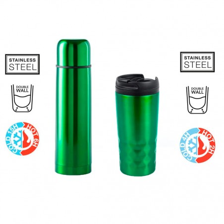 Green thermos and thermos flask pack for drinking coffee.