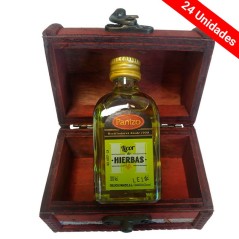 Détail Coffre en bois avec liqueur de fines herbes panizo 24 unités