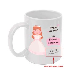 Taza blanca personalizable con nombre y fecha para comunión de niña - Regalos Gourmet Online