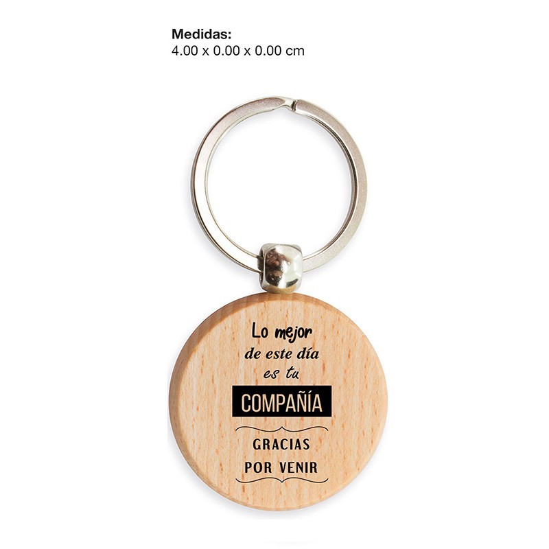 Wooden keychain with the phrase "The best part of today is your company..."