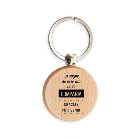 Wooden keychain with the phrase "The best part of today is your company..."