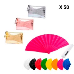 50 abanicos colores variados y 50 monederos metalizados