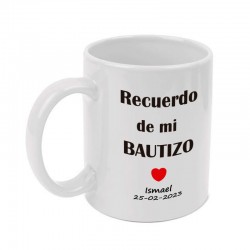 Taza personalizada "Recuerdo de mi Bautizo". Pon el texto que desees.