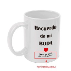 Taza blanca personalizada "Recuerdo de mi boda". Pon los nombres y la fecha que desees.