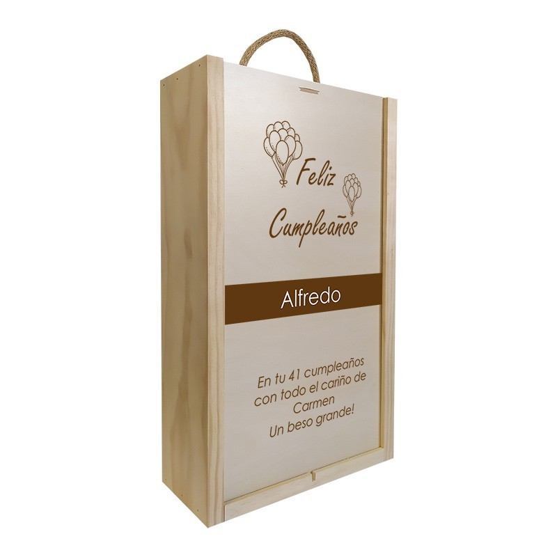 Caja madera personalizada para regalos de cumpleaños - 2 botellas