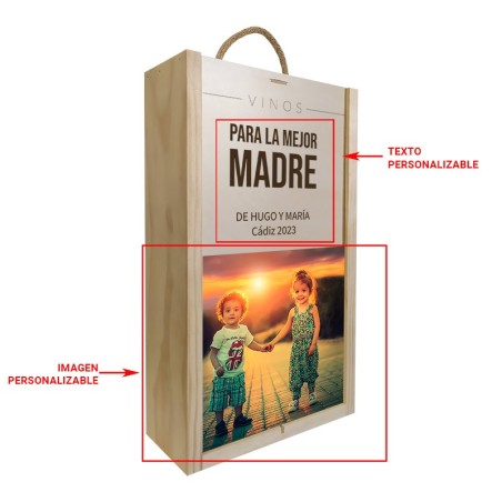 Coffret en bois personnalisé, cadeau pour maman - Contenance : 2 bouteilles