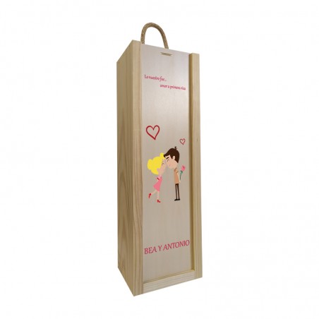 Caja de madera para una botella con texto personalizable para parejas