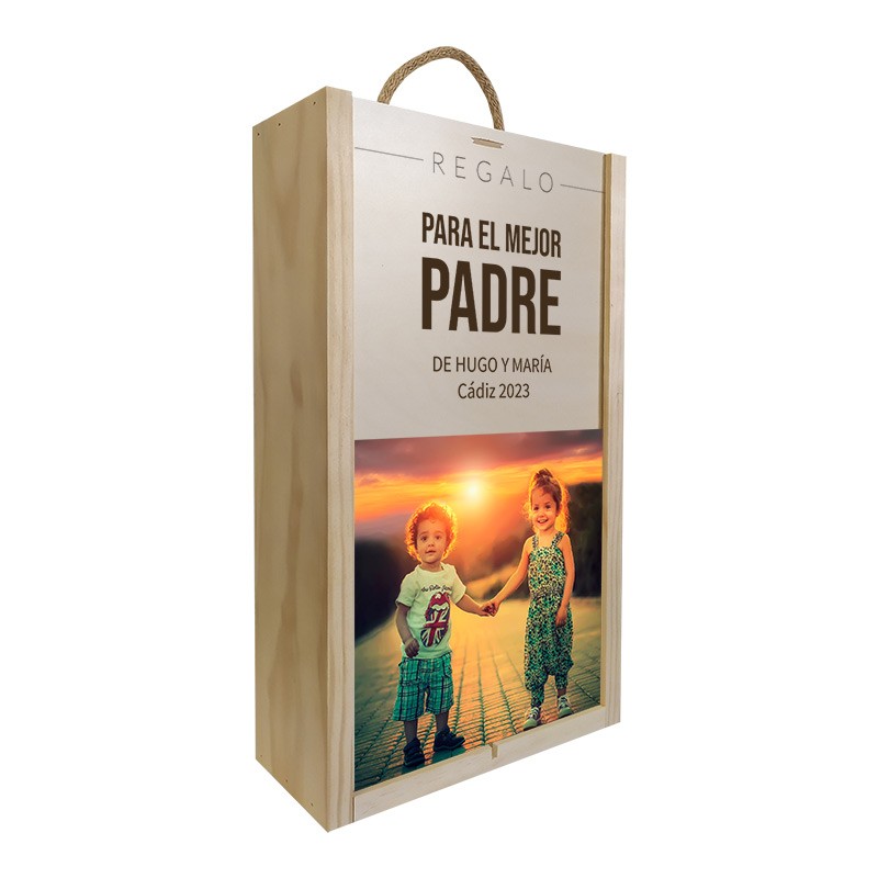 Caja de madera con mensaje personalizado para tu padre. Regalos Gourmet  Online.
