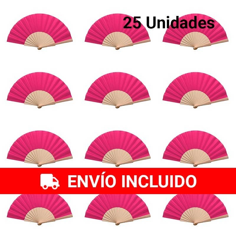 Abanicos de madera color fucsia pack de 25