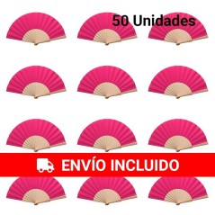 Fuchsia fabric and natural wood fans lot of 50