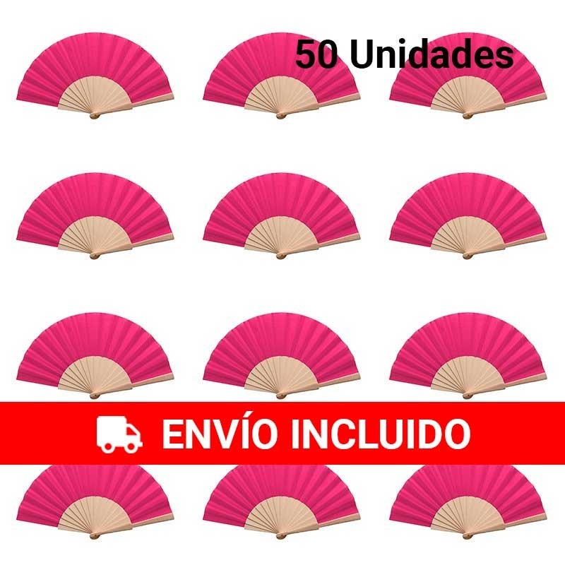 Lot de 50 éventails en tissu fuchsia et bois naturel