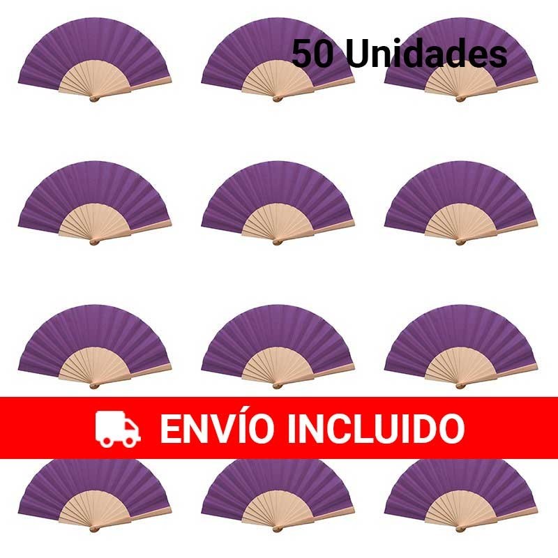 Lot original de 50 éventails en bois naturel avec tissu violet