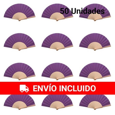 Lot original de 50 éventails en bois naturel avec tissu violet
