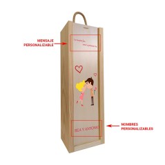 Caja de madera para una botella con texto personalizable para parejas