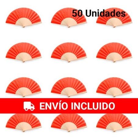 Pack of 50 red fans made of natural wood and polyester fabric