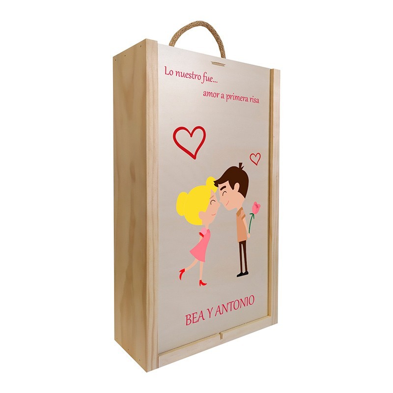Wooden box for 2 bottles with personalized text for couples