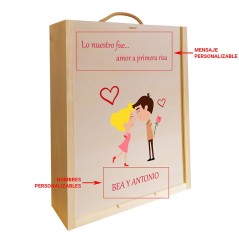 Caja de madera con mensaje personalizado para parejas. Regalos Gourmet Online