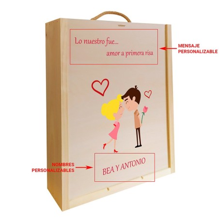 Caja de madera para 3 botellas con texto personalizable para parejas