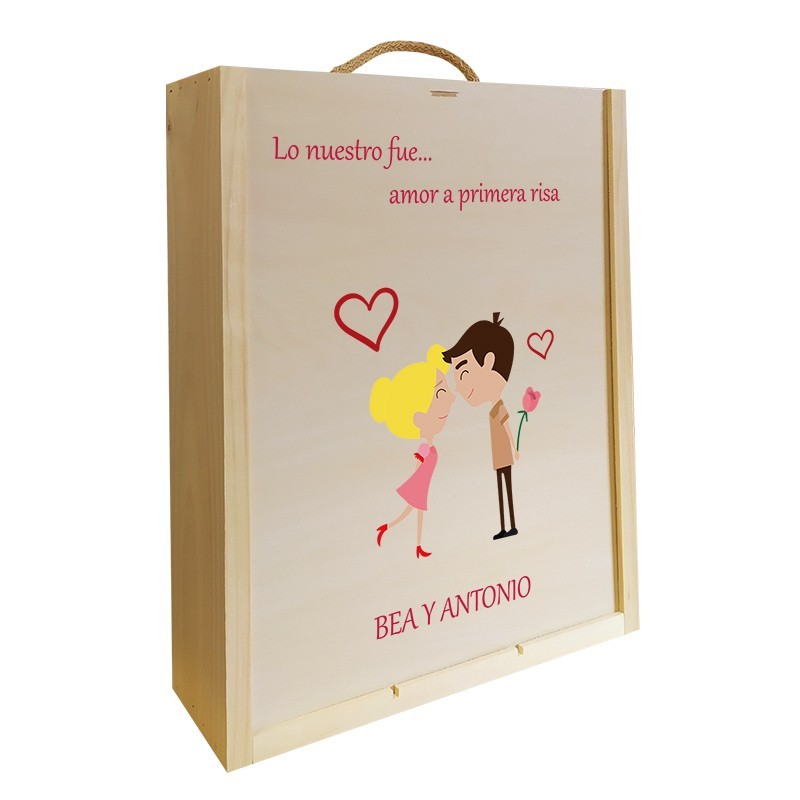 Caja de madera para 3 botellas con texto personalizable para parejas