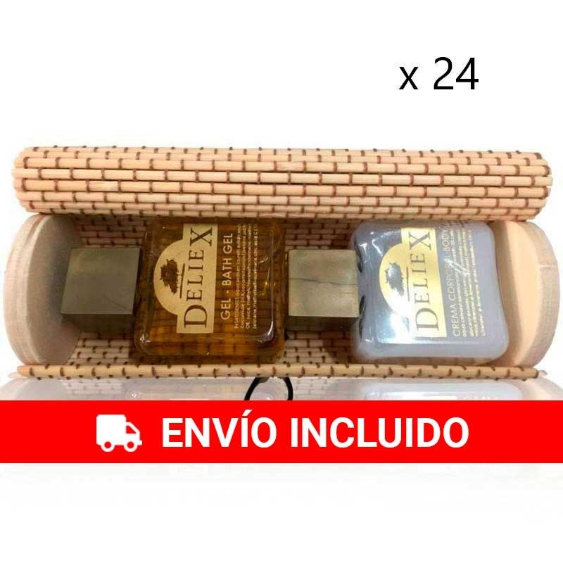 24 Baúl alargado beige con crema corporal y gel de baño para invitados